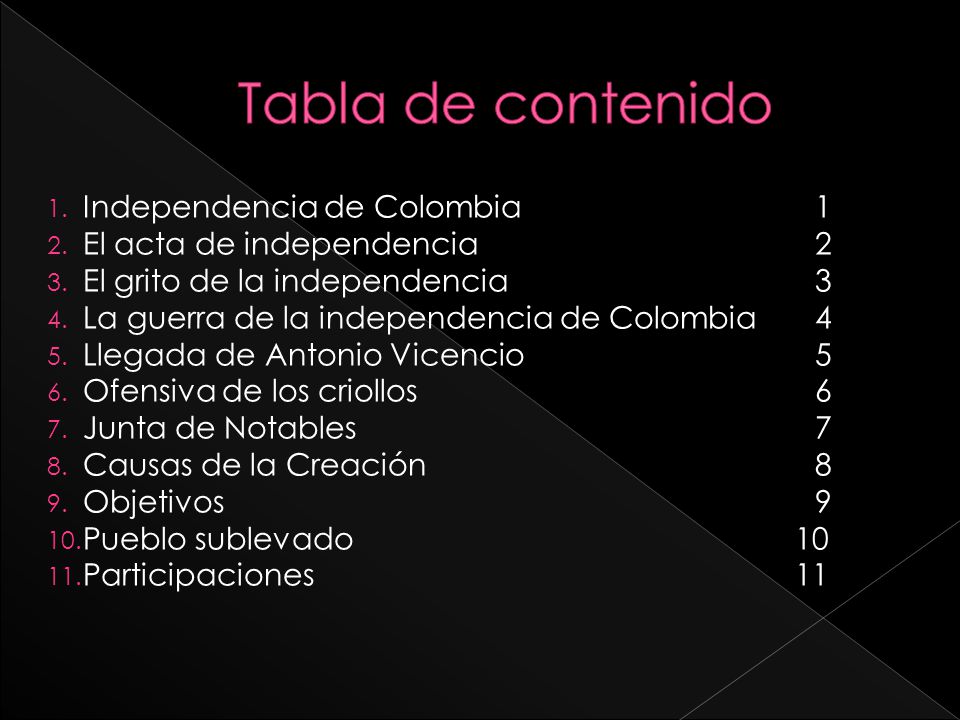 Tabla de contenido Independencia de Colombia 1