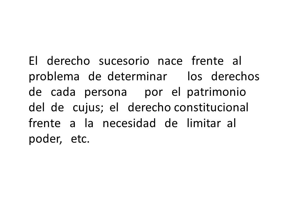 El derecho sucesorio nace frente al problema de determinar los derechos de cada persona por el patrimonio del de cujus; el derecho constitucional frente a la necesidad de limitar al poder, etc.