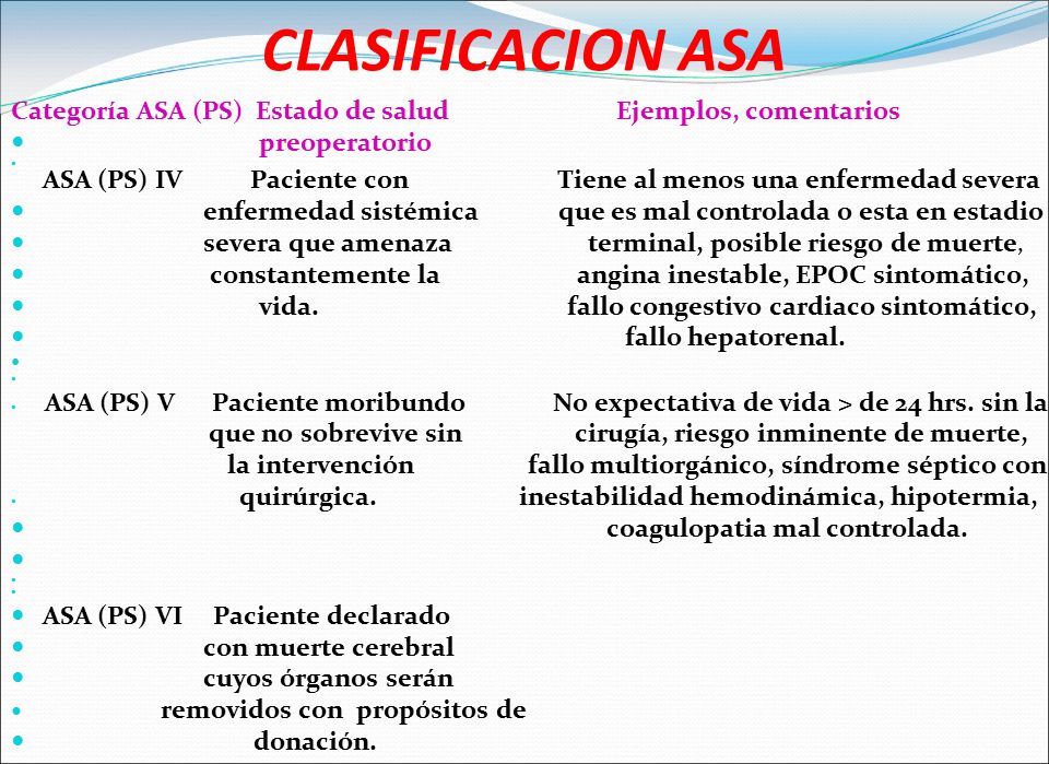 CLASIFICACION ASA Categoría ASA (PS) Estado de salud Ejemplos, comentarios.