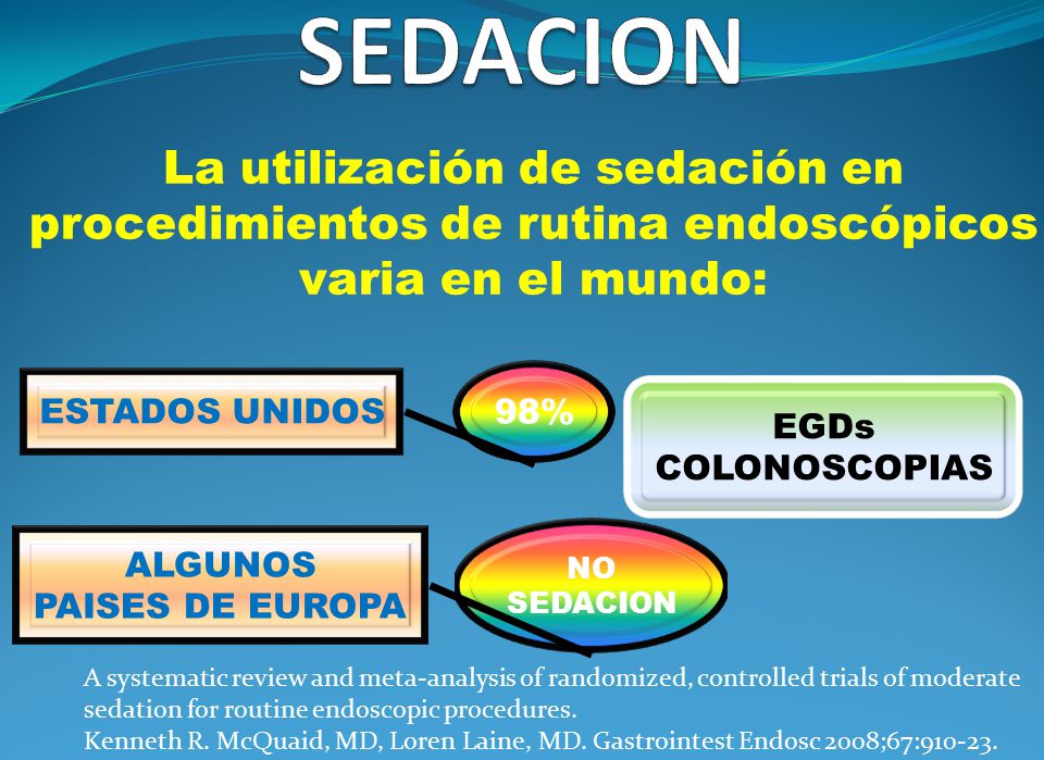 SEDACION La utilización de sedación en procedimientos de rutina endoscópicos varia en el mundo: 98%