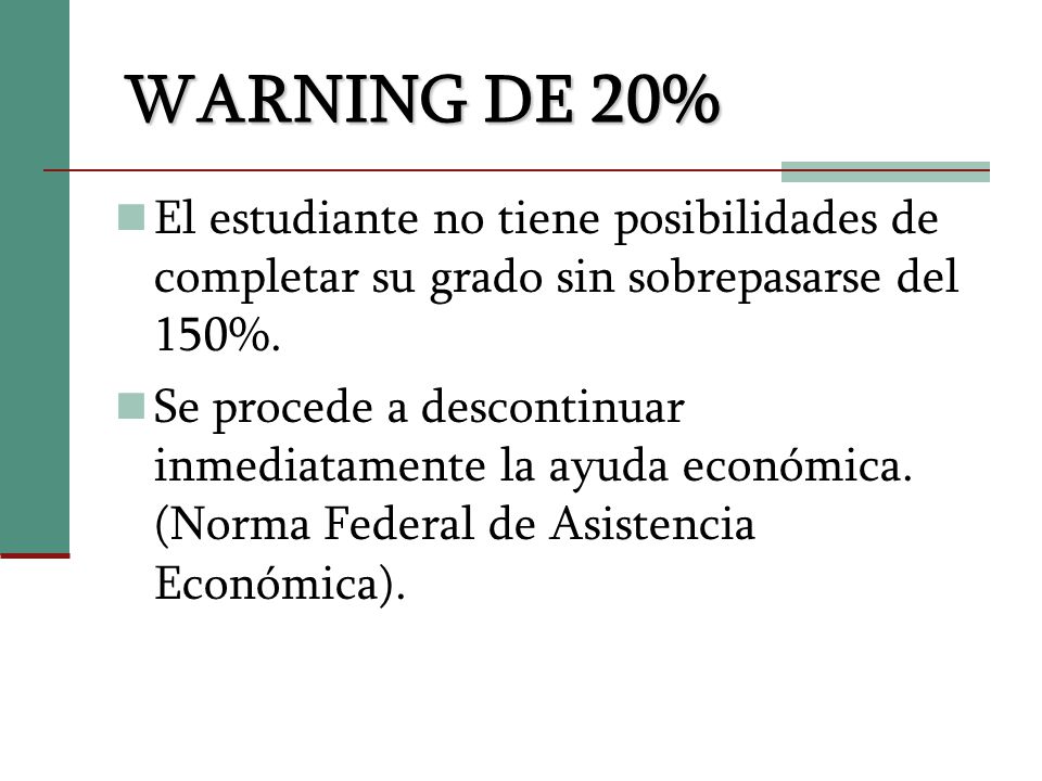 WARNING DE 20% El estudiante no tiene posibilidades de completar su grado sin sobrepasarse del 150%.
