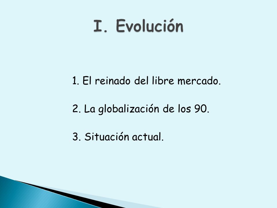 I. Evolución 1. El reinado del libre mercado. 2. La globalización de los Situación actual.
