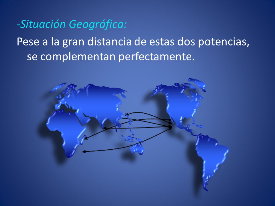 -Situación Geográfica: Pese a la gran distancia de estas dos potencias, se complementan perfectamente.