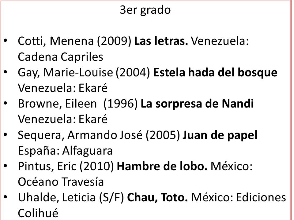 3er grado Cotti, Menena (2009) Las letras. Venezuela: Cadena Capriles. Gay, Marie-Louise (2004) Estela hada del bosque Venezuela: Ekaré.