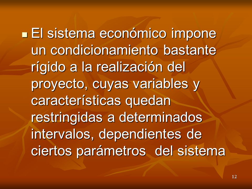 El sistema económico impone un condicionamiento bastante rígido a la realización del proyecto, cuyas variables y características quedan restringidas a determinados intervalos, dependientes de ciertos parámetros del sistema