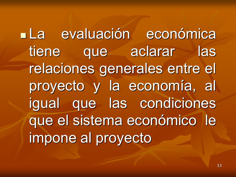 La evaluación económica tiene que aclarar las relaciones generales entre el proyecto y la economía, al igual que las condiciones que el sistema económico le impone al proyecto
