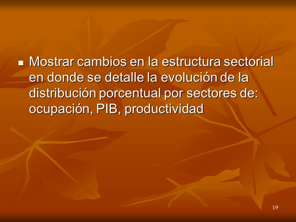 Mostrar cambios en la estructura sectorial en donde se detalle la evolución de la distribución porcentual por sectores de: ocupación, PIB, productividad