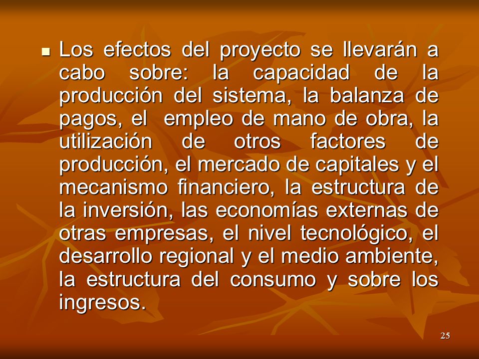 Los efectos del proyecto se llevarán a cabo sobre: la capacidad de la producción del sistema, la balanza de pagos, el empleo de mano de obra, la utilización de otros factores de producción, el mercado de capitales y el mecanismo financiero, la estructura de la inversión, las economías externas de otras empresas, el nivel tecnológico, el desarrollo regional y el medio ambiente, la estructura del consumo y sobre los ingresos.