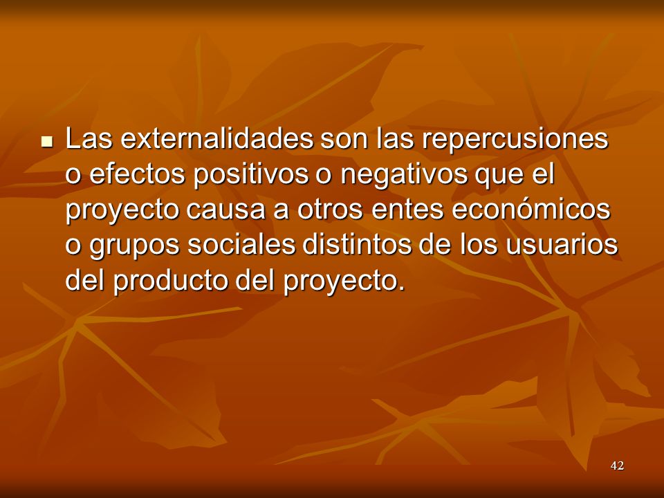 Las externalidades son las repercusiones o efectos positivos o negativos que el proyecto causa a otros entes económicos o grupos sociales distintos de los usuarios del producto del proyecto.