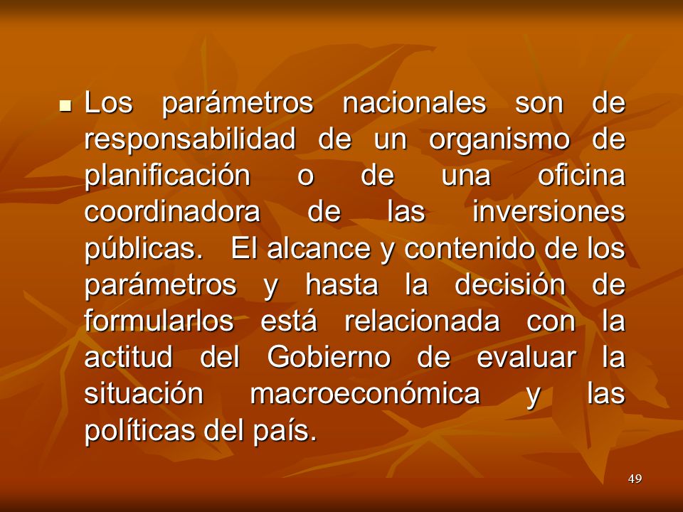 Los parámetros nacionales son de responsabilidad de un organismo de planificación o de una oficina coordinadora de las inversiones públicas.