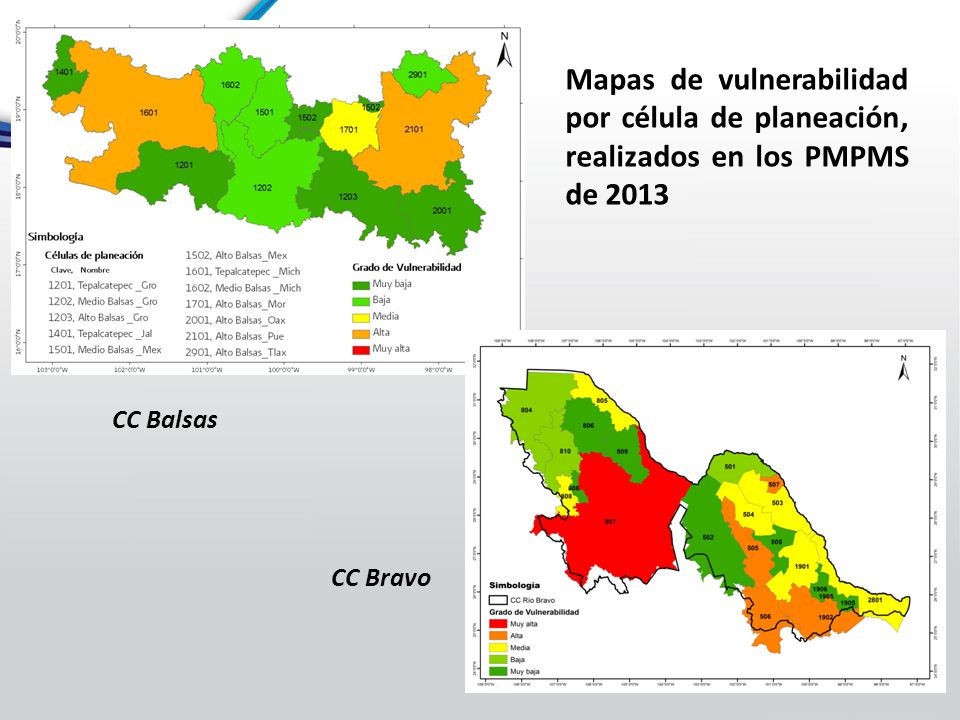 Mapas de vulnerabilidad por célula de planeación, realizados en los PMPMS de 2013