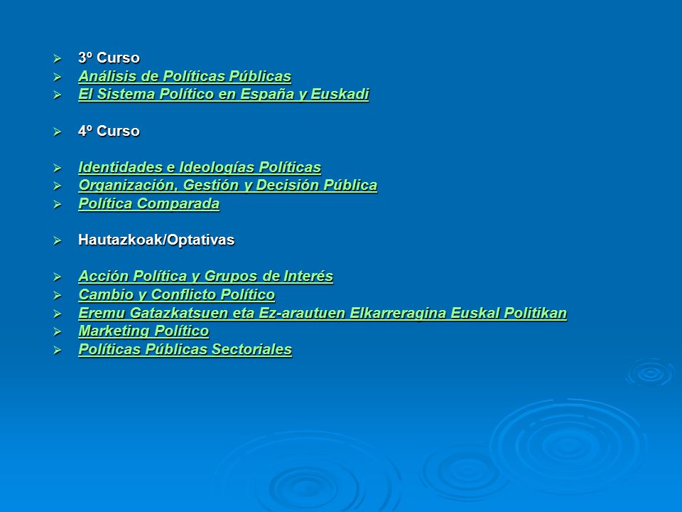 3º Curso Análisis de Políticas Públicas. El Sistema Político en España y Euskadi. 4º Curso. Identidades e Ideologías Políticas.