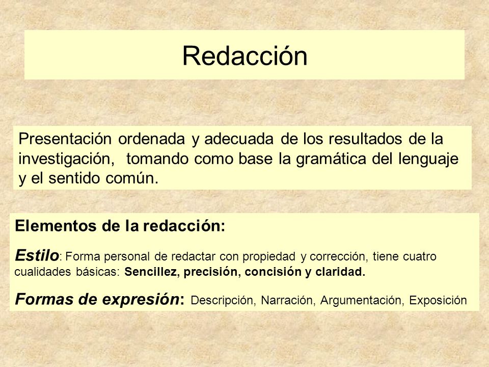 Redacción Presentación ordenada y adecuada de los resultados de la investigación, tomando como base la gramática del lenguaje y el sentido común.