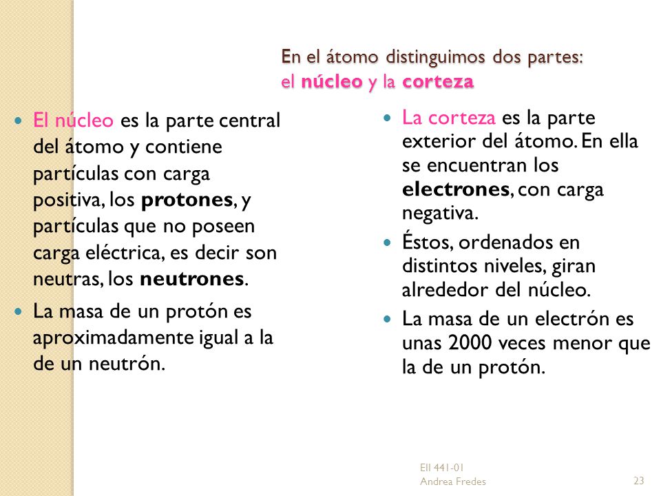 En el átomo distinguimos dos partes: el núcleo y la corteza