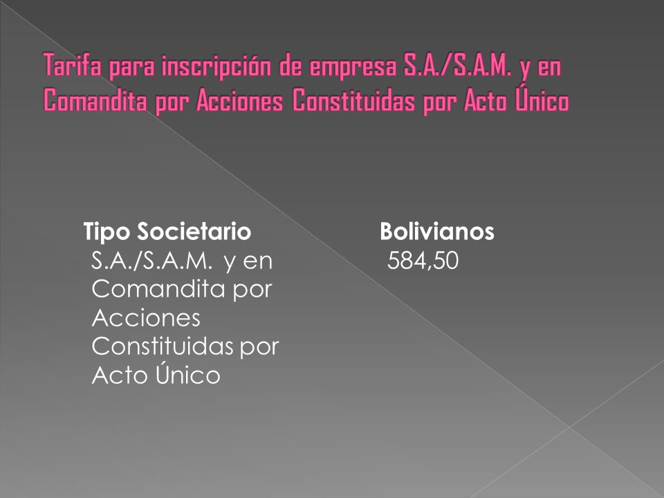 Tarifa para inscripción de empresa S. A. /S. A. M