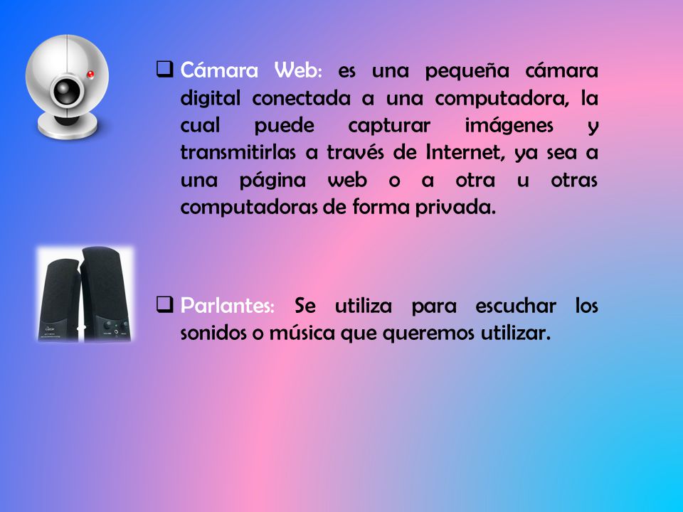 Cámara Web: es una pequeña cámara digital conectada a una computadora, la cual puede capturar imágenes y transmitirlas a través de Internet, ya sea a una página web o a otra u otras computadoras de forma privada.