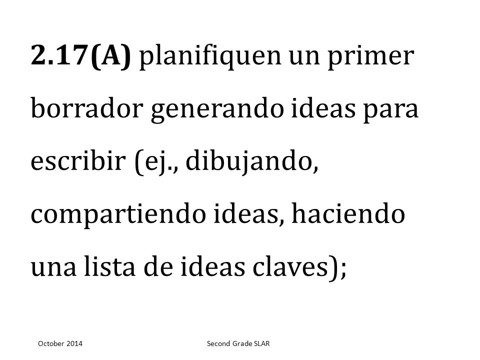 2.17(A) planifiquen un primer borrador generando ideas para escribir (ej., dibujando, compartiendo ideas, haciendo una lista de ideas claves);