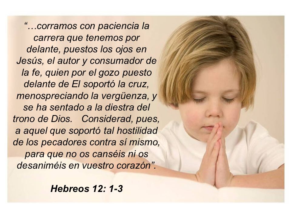 …corramos con paciencia la carrera que tenemos por delante, puestos los ojos en Jesús, el autor y consumador de la fe, quien por el gozo puesto delante de El soportó la cruz, menospreciando la vergüenza, y se ha sentado a la diestra del trono de Dios. Considerad, pues, a aquel que soportó tal hostilidad de los pecadores contra sí mismo, para que no os canséis ni os desaniméis en vuestro corazón .