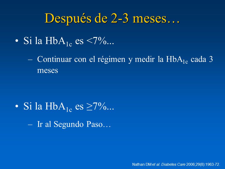 Después de 2-3 meses… Si la HbA1c es <7%... Si la HbA1c es ≥7%...