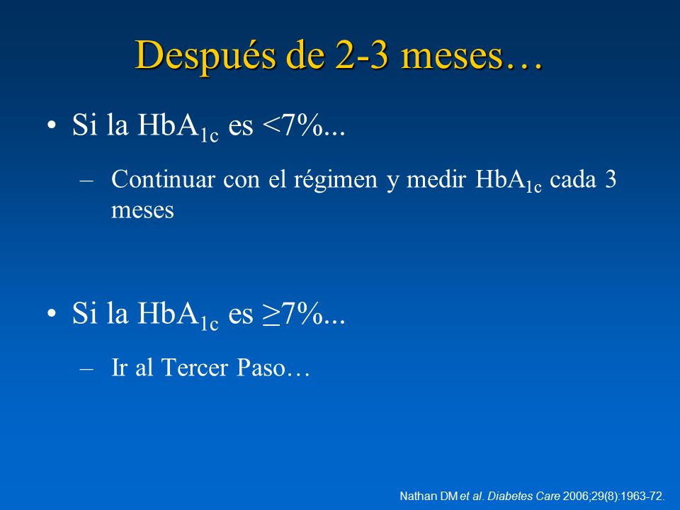 Después de 2-3 meses… Si la HbA1c es <7%... Si la HbA1c es ≥7%...