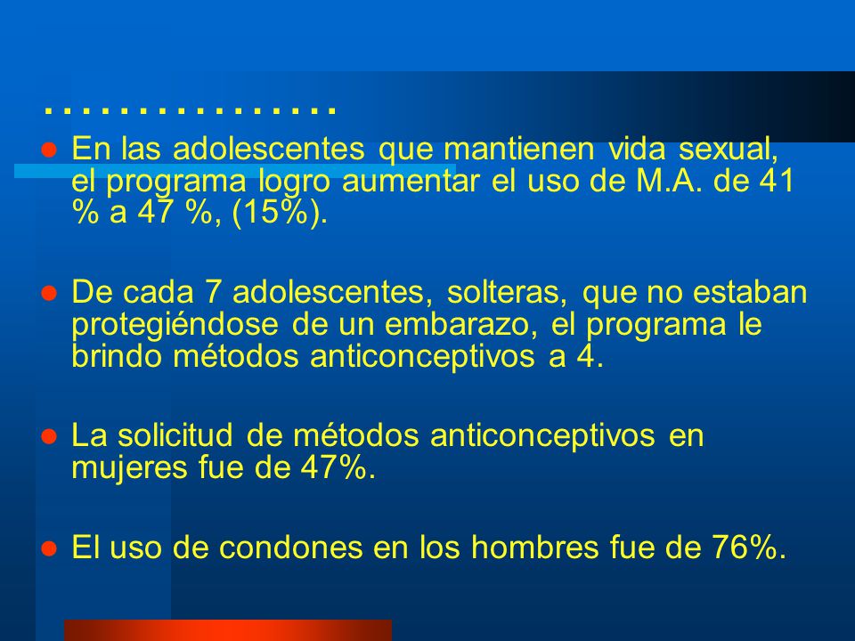 ……………. En las adolescentes que mantienen vida sexual, el programa logro aumentar el uso de M.A. de 41 % a 47 %, (15%).