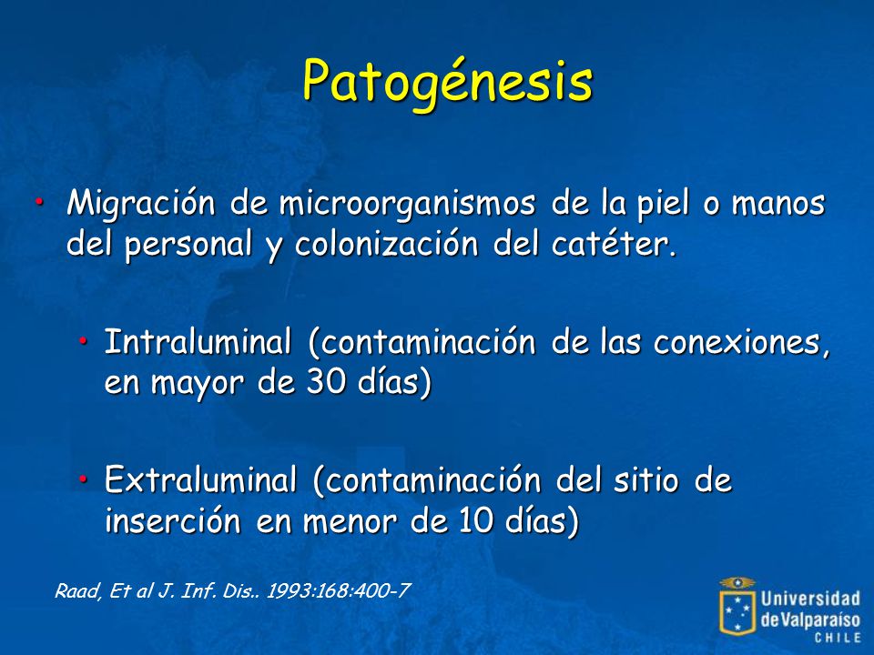 Patogénesis Migración de microorganismos de la piel o manos del personal y colonización del catéter.