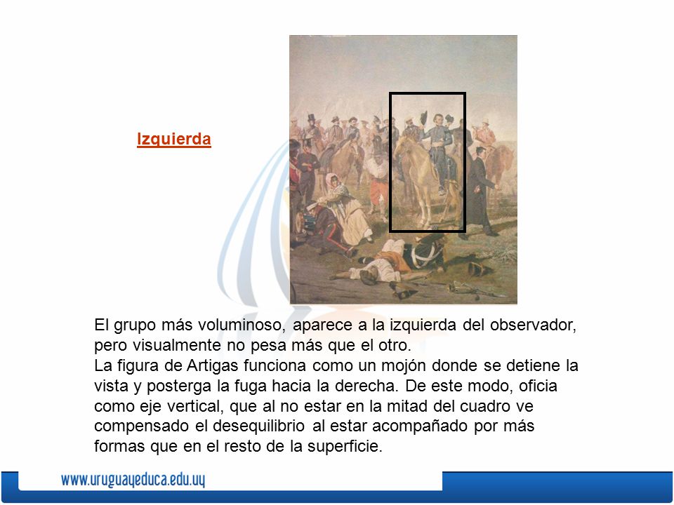 Izquierda El grupo más voluminoso, aparece a la izquierda del observador, pero visualmente no pesa más que el otro.