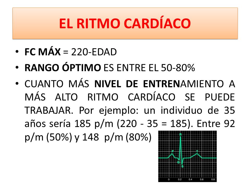 EL RITMO CARDÍACO FC MÁX = 220-EDAD RANGO ÓPTIMO ES ENTRE EL 50-80%