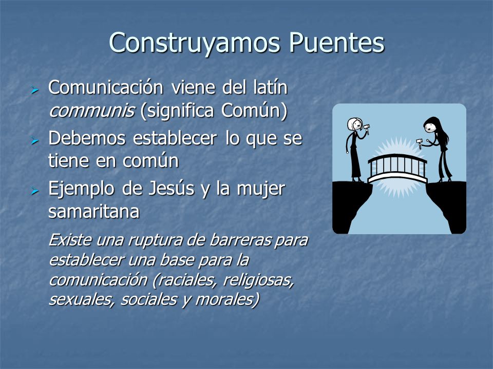 Construyamos Puentes Comunicación viene del latín communis (significa Común) Debemos establecer lo que se tiene en común.