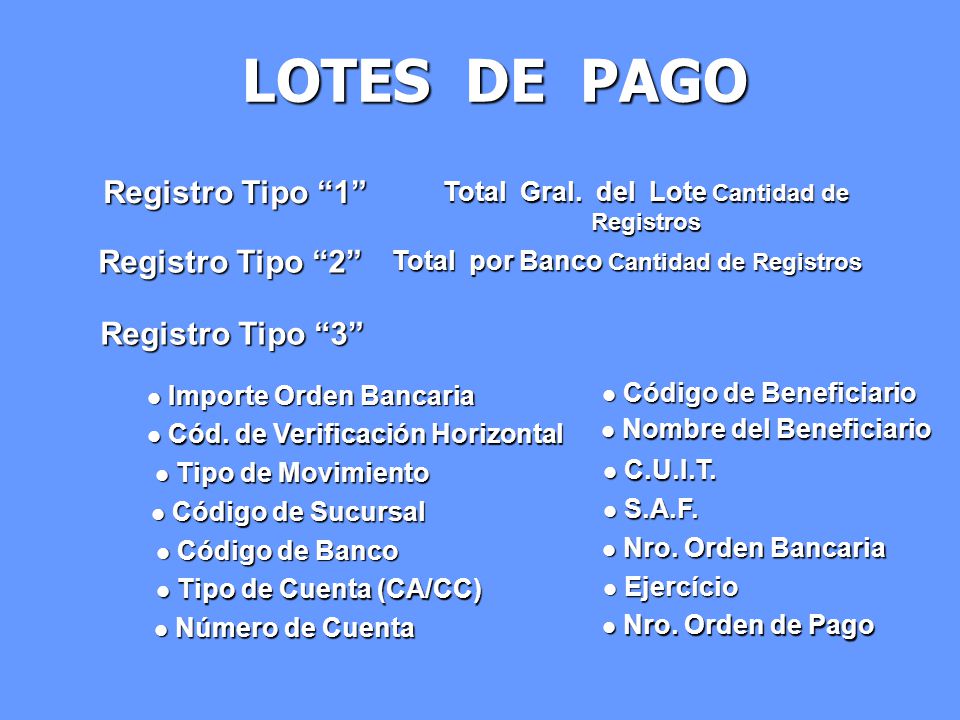 LOTES DE PAGO Registro Tipo 1 Registro Tipo 2 Registro Tipo 3