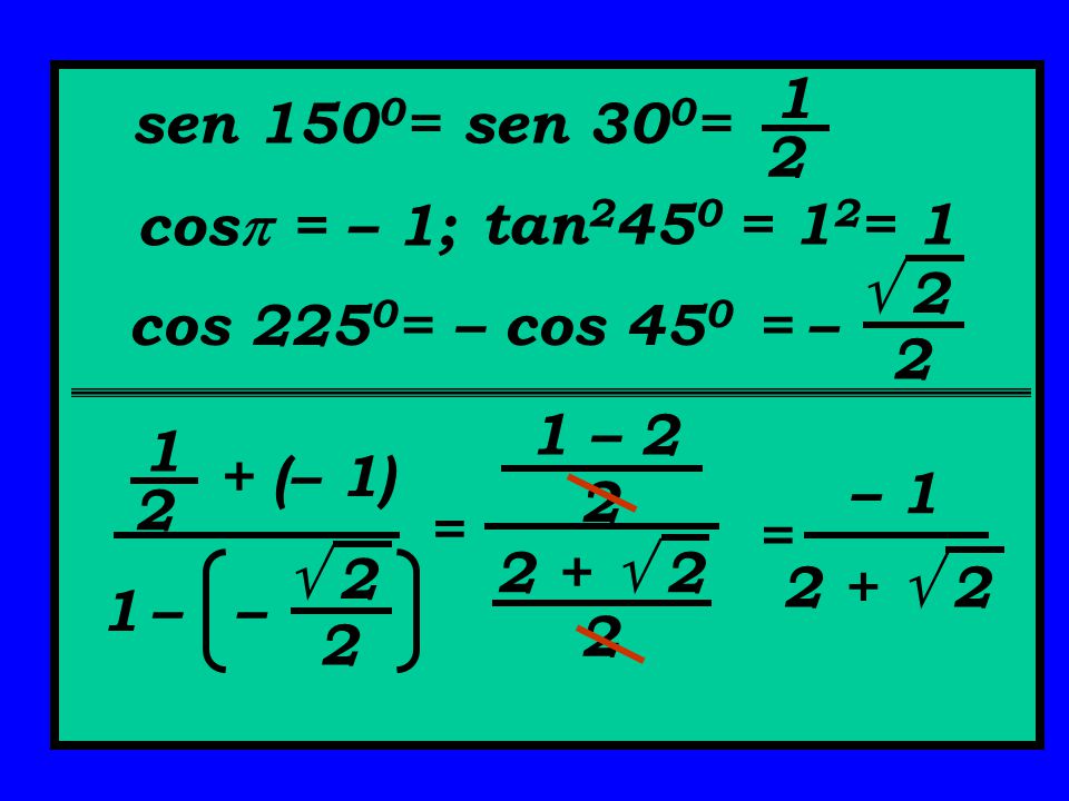 1 2. sen 1500= sen 300= cos = – 1; tan2450 = 12= 1.  – cos 2250= – cos 450. = 1 – 2.
