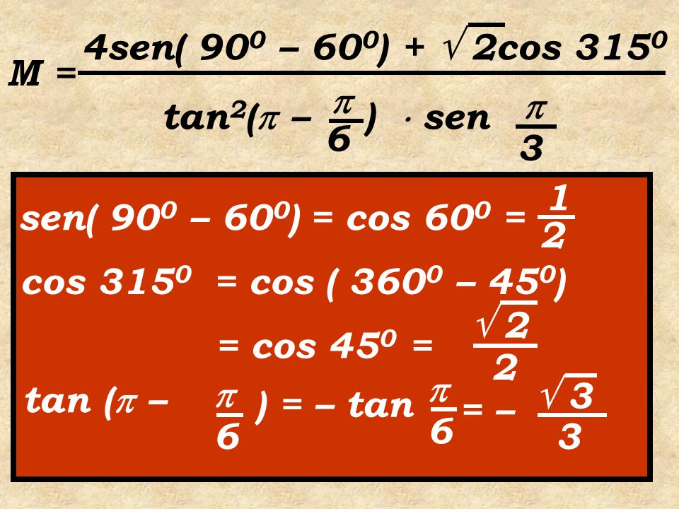 4sen( 900 – 600) +  2cos 3150 M =  tan2( – 6. )  sen sen( 900 – 600) = cos 600.