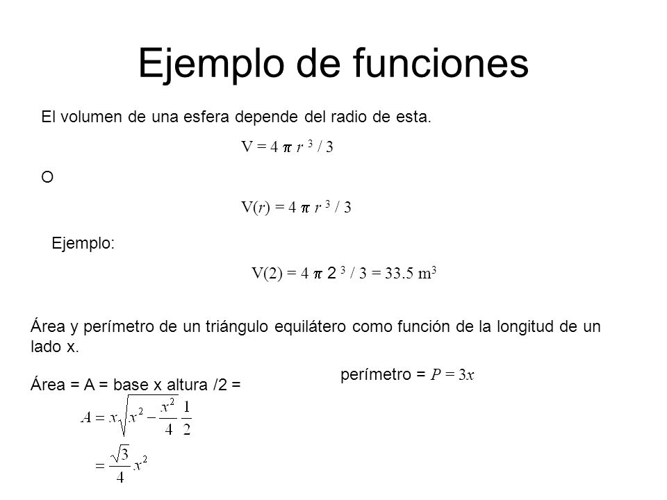 Ejemplo de funciones El volumen de una esfera depende del radio de esta. V = 4 p r 3 / 3. O. V(r) = 4 p r 3 / 3.