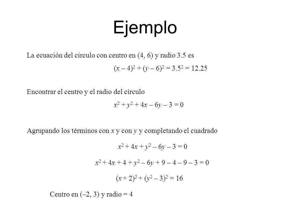 Ejemplo La ecuación del circulo con centro en (4, 6) y radio 3.5 es