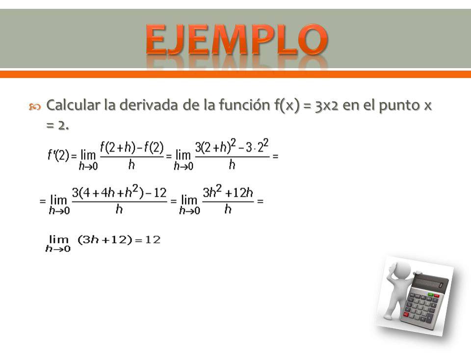 EJEMPLO Calcular la derivada de la función f(x) = 3x2 en el punto x = 2.