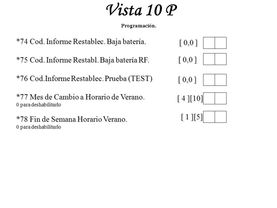 Vista 10 P *74 Cod. Informe Restablec. Baja batería. [ 0,0 ]