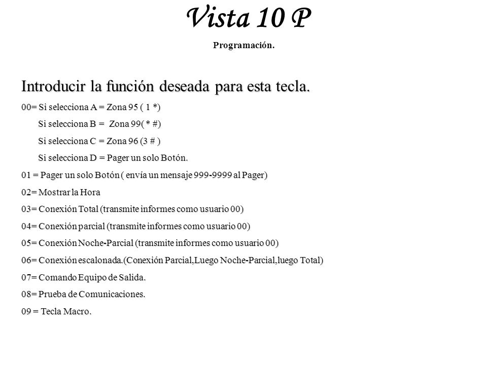 Vista 10 P Introducir la función deseada para esta tecla.