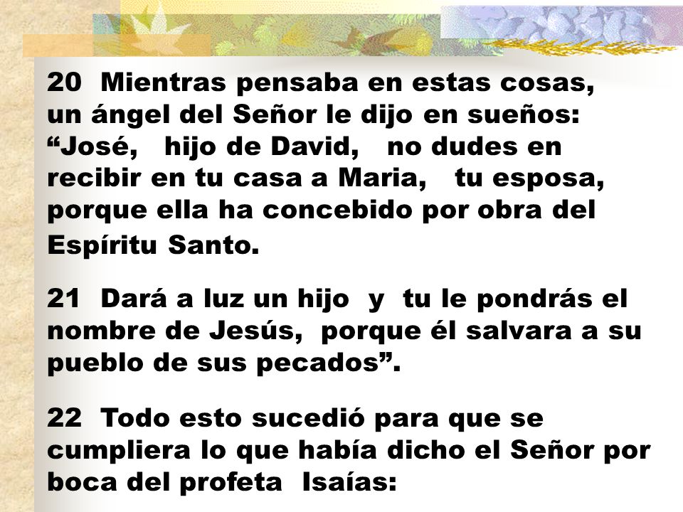20 Mientras pensaba en estas cosas, un ángel del Señor le dijo en sueños: José, hijo de David, no dudes en recibir en tu casa a Maria, tu esposa, porque ella ha concebido por obra del Espíritu Santo.