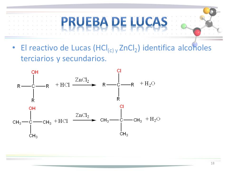 Prueba de lucas El reactivo de Lucas (HCl(c) y ZnCl2) identifica alcoholes terciarios y secundarios.