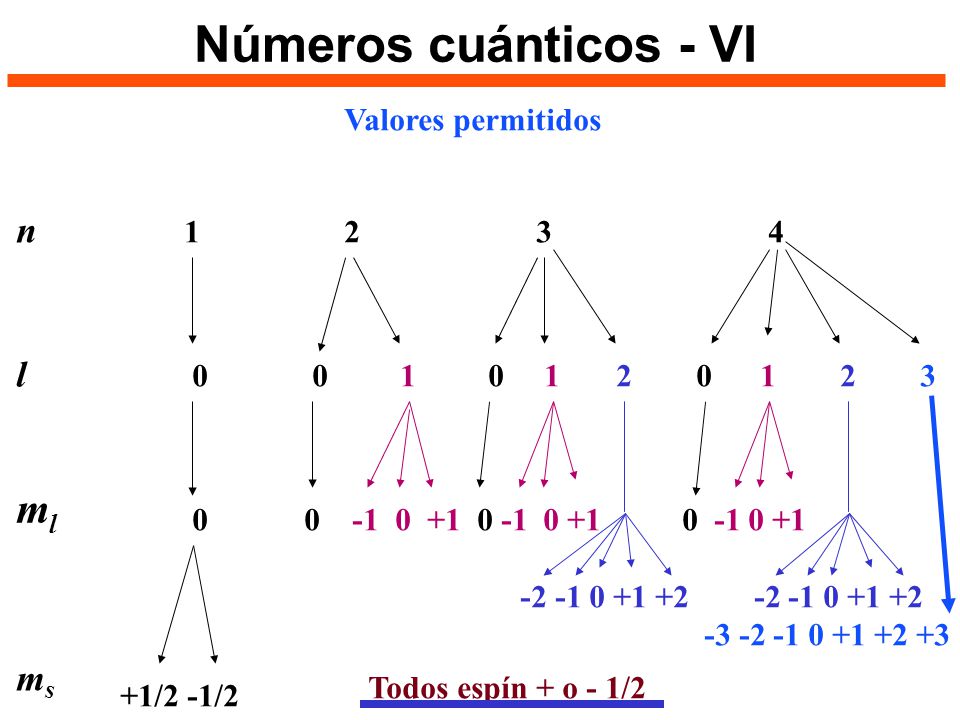 Números cuánticos - VI ml n l ms Valores permitidos