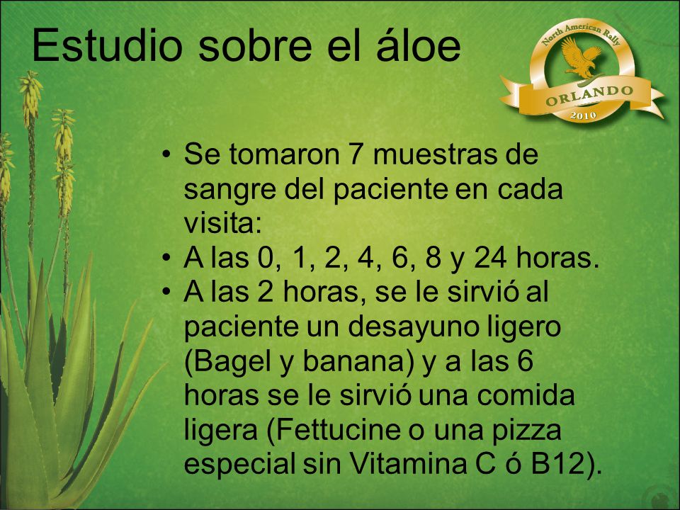 Estudio sobre el áloe Se tomaron 7 muestras de sangre del paciente en cada visita: A las 0, 1, 2, 4, 6, 8 y 24 horas.