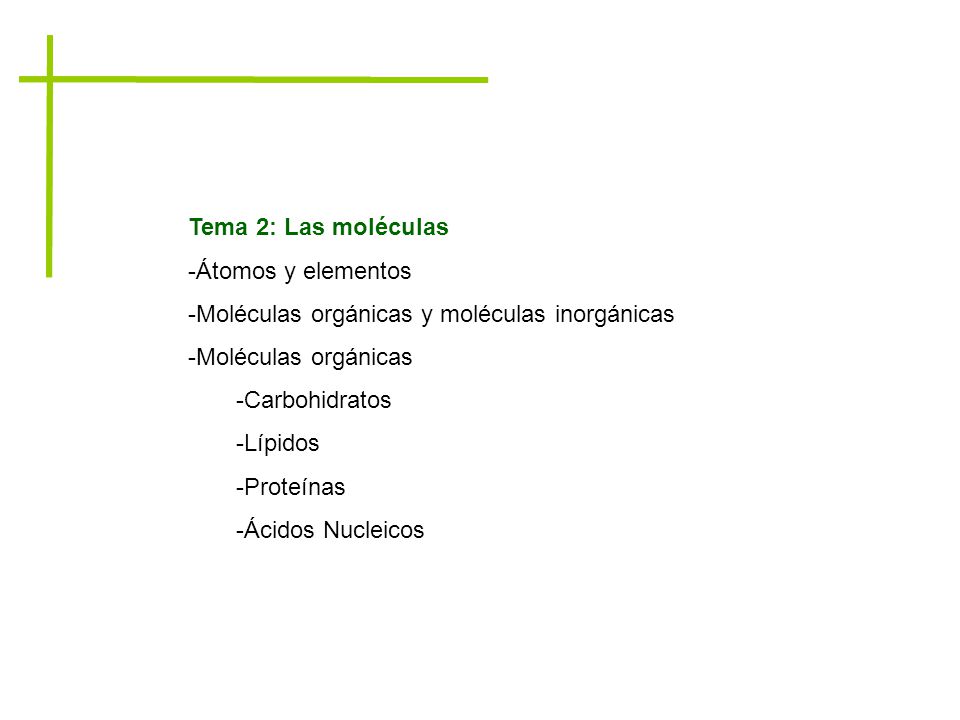 Tema 2: Las moléculas Átomos y elementos. Moléculas orgánicas y moléculas inorgánicas. Moléculas orgánicas.