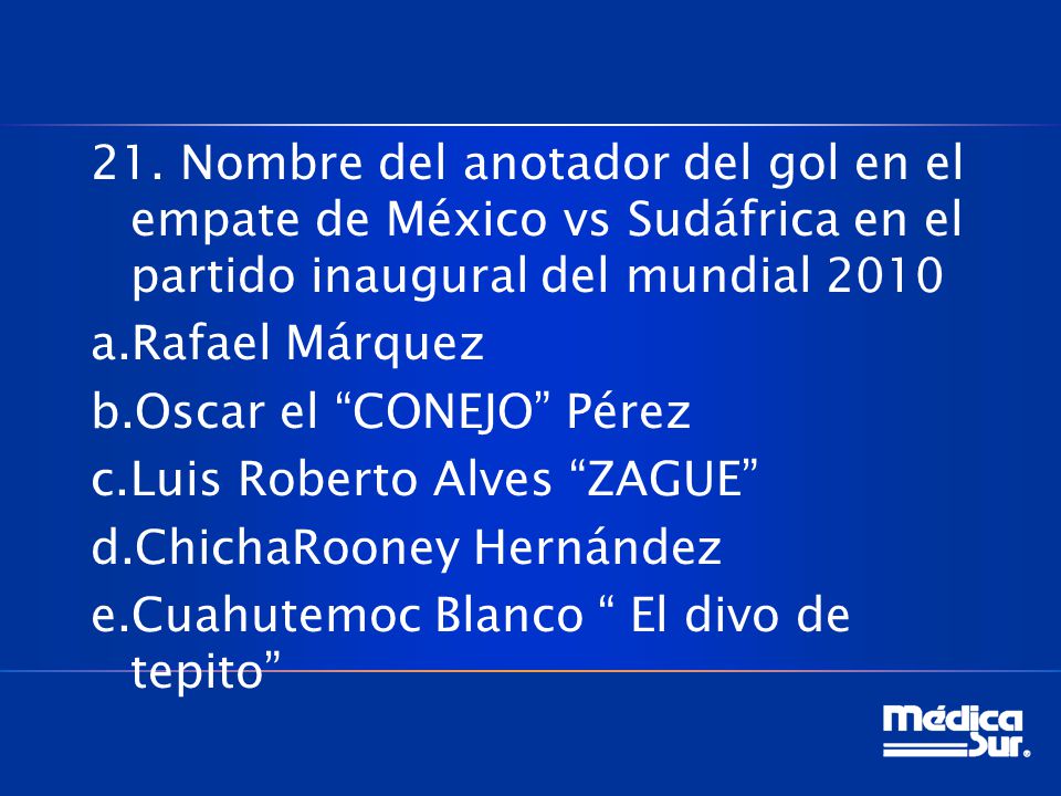 21. Nombre del anotador del gol en el empate de México vs Sudáfrica en el partido inaugural del mundial 2010