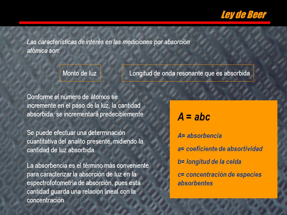Ley de Beer Ley de Beer. Las características de interés en las mediciones por absorción atómica son: