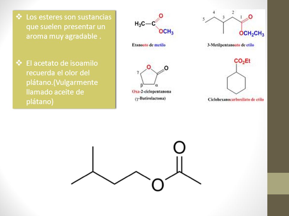 Los esteres son sustancias que suelen presentar un aroma muy agradable .
