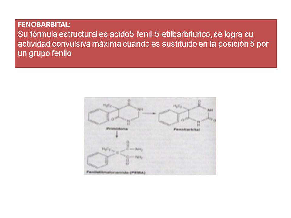 FENOBARBITAL: Su fórmula estructural es acido5-fenil-5-etilbarbiturico, se logra su actividad convulsiva máxima cuando es sustituido en la posición 5 por un grupo fenilo