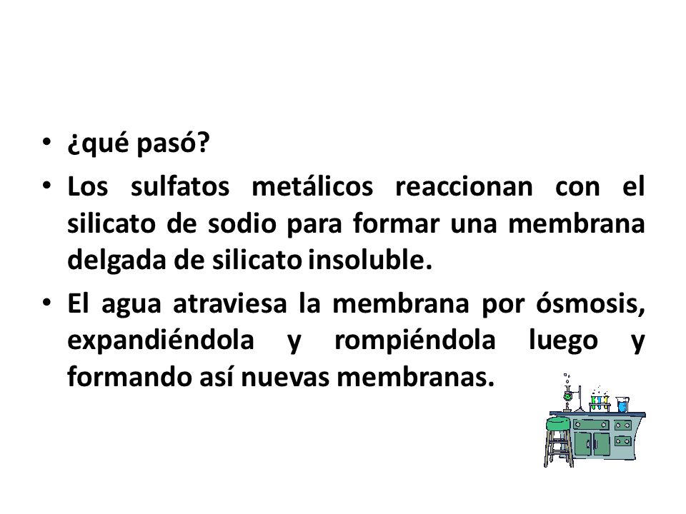 ¿qué pasó Los sulfatos metálicos reaccionan con el silicato de sodio para formar una membrana delgada de silicato insoluble.