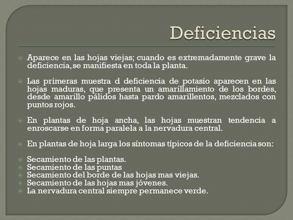 Deficiencias Aparece en las hojas viejas; cuando es extremadamente grave la deficiencia, se manifiesta en toda la planta.