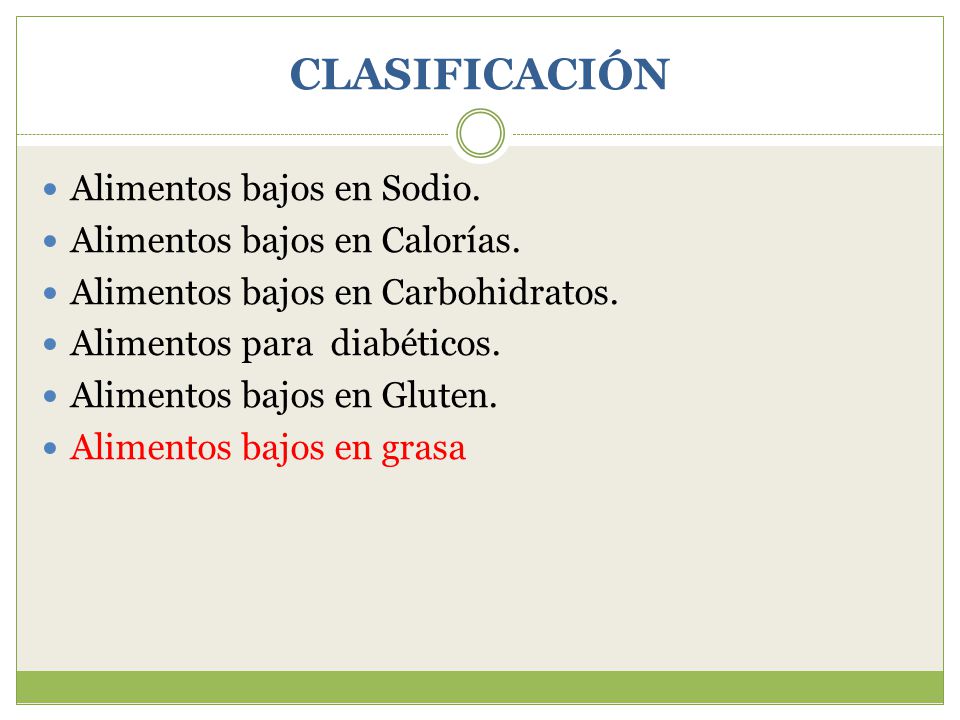 CLASIFICACIÓN Alimentos bajos en Sodio. Alimentos bajos en Calorías.