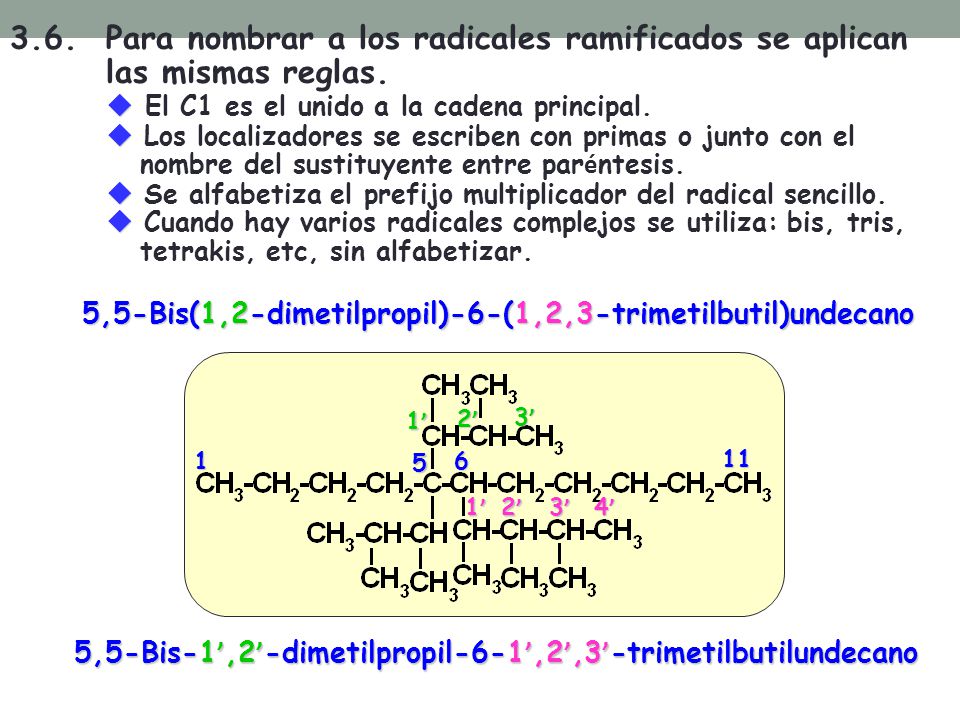 3. 6. Para nombrar a los radicales ramificados se aplican